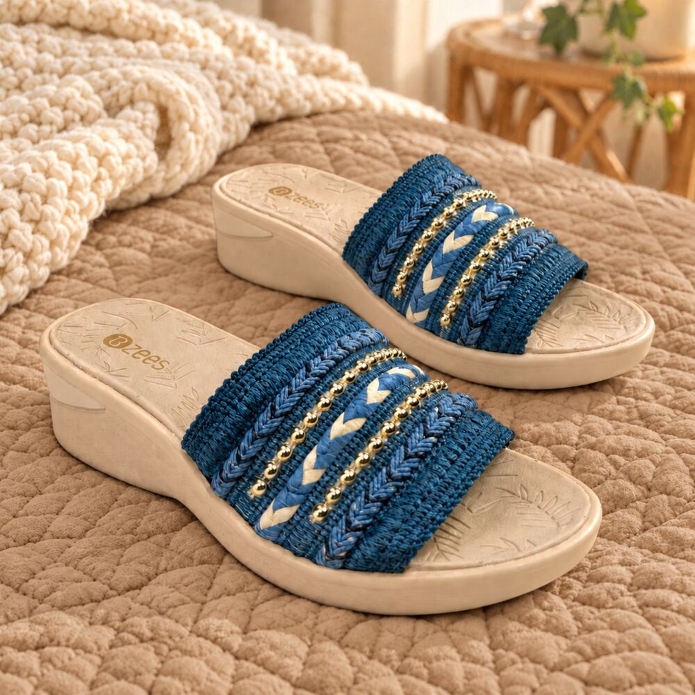 BZees Sunshine Woven Braided Wedge Slides Beaded Sandals Blue Womens Size 5